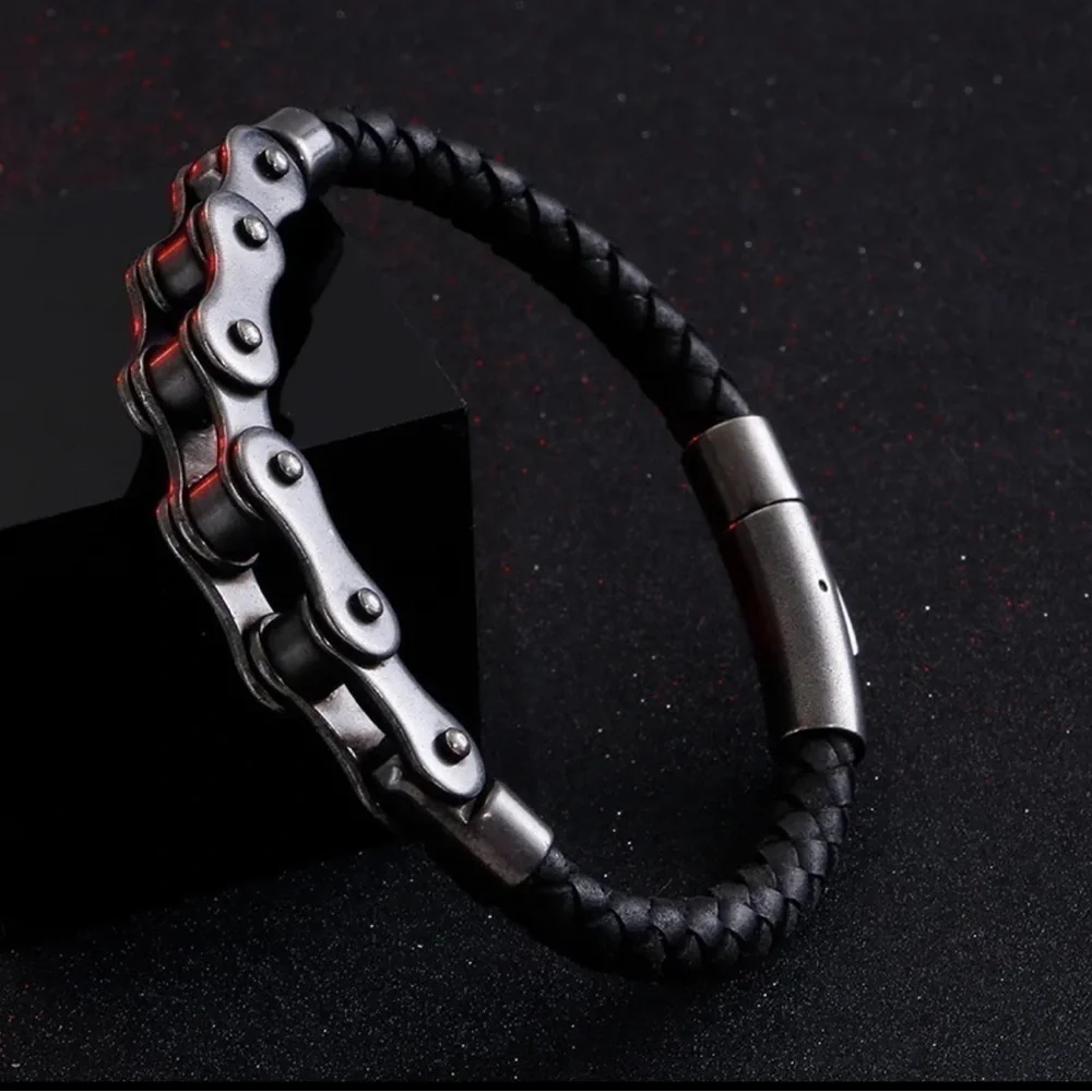 Men’s Black Gun Metal Bike Chain & Handwoven Learher Bracelet